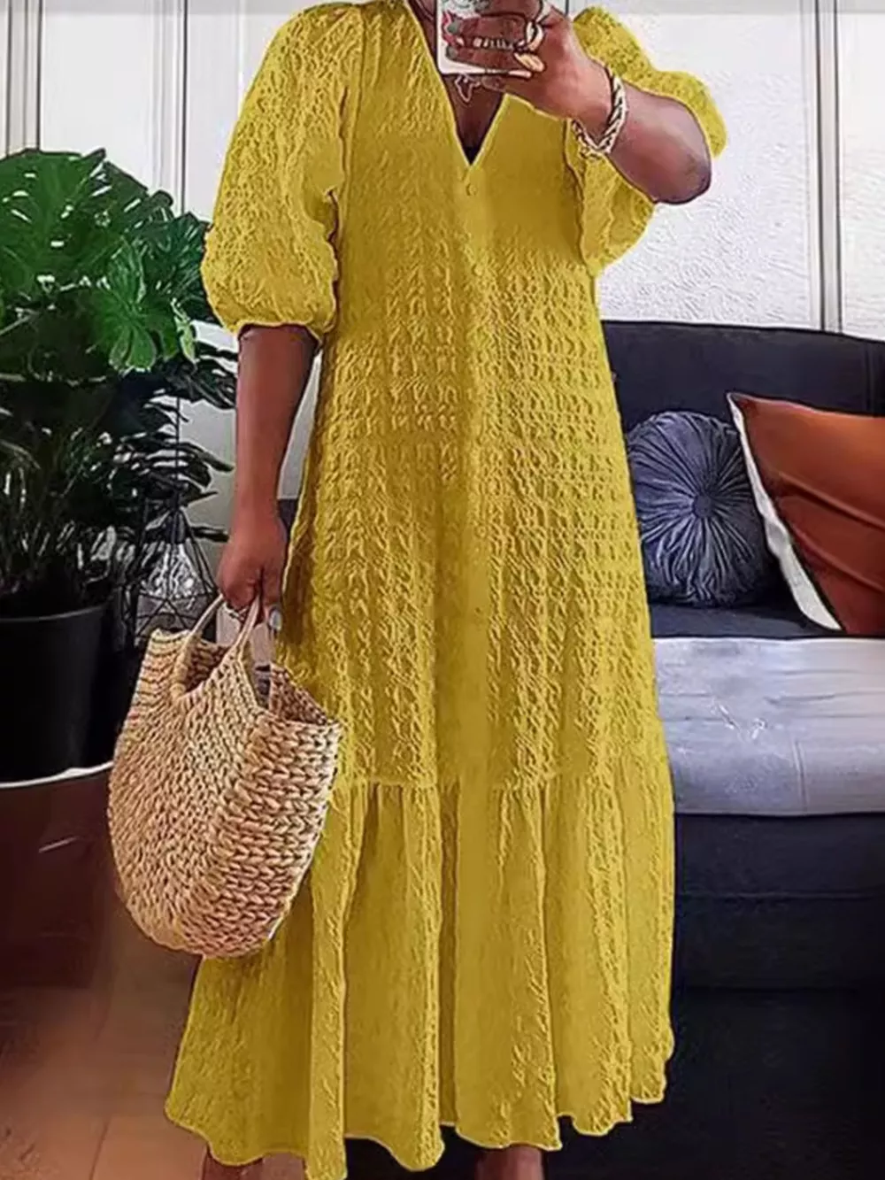 Full Size Elegant Puff Sleeve Textured Maxi Dress Plus Size, image 5