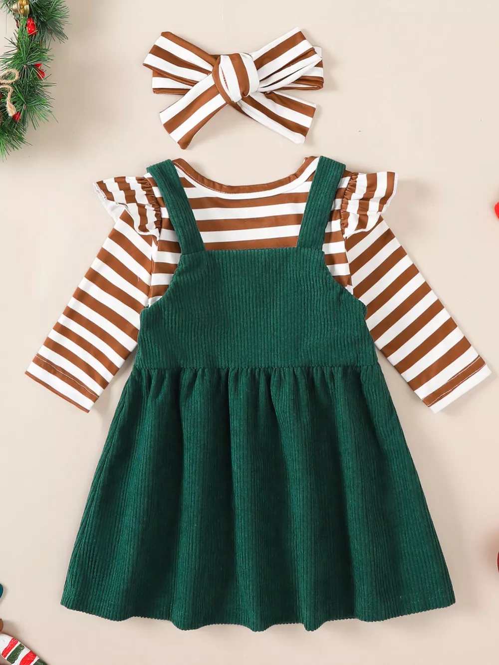 Children's Christmas Bodysuit and Overall Dress Set with Headband, image 6
