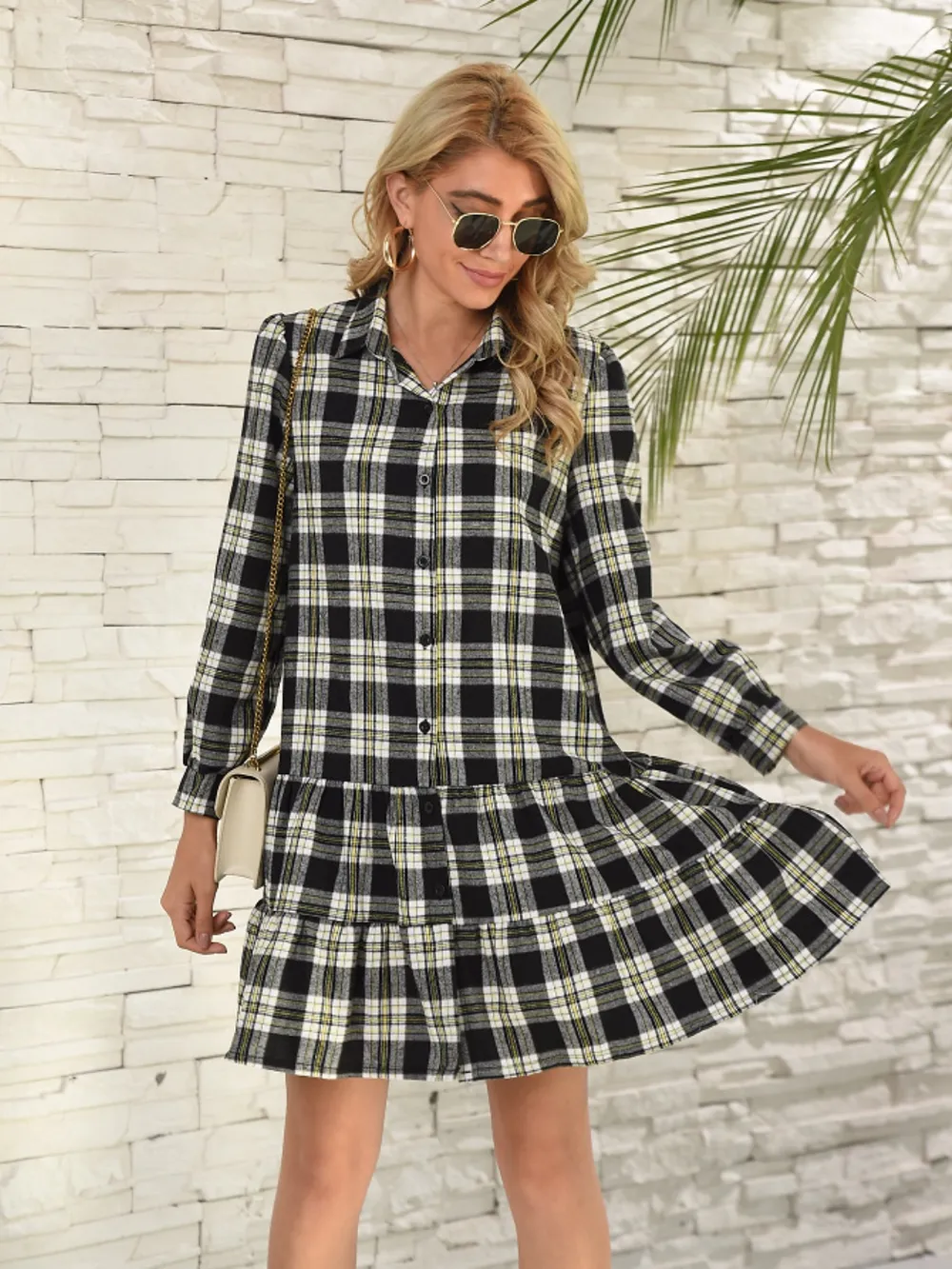 Ruffle Hem Plaid Button Down Long Sleeve Dress, image 12