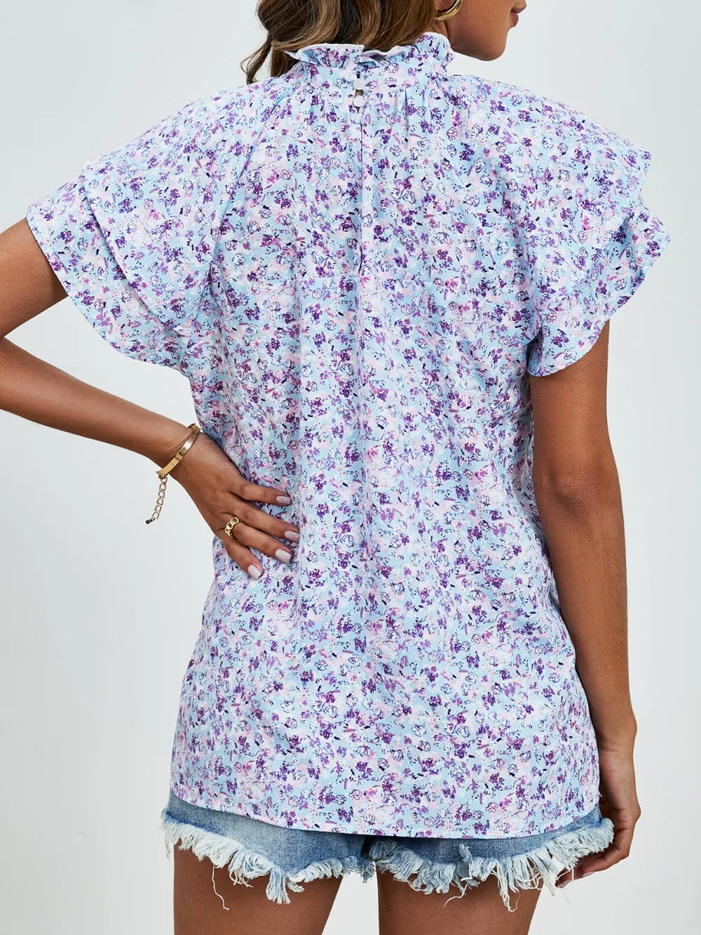 Ditsy Floral Mock Neck Flounce Sleeve Blouse, image 2