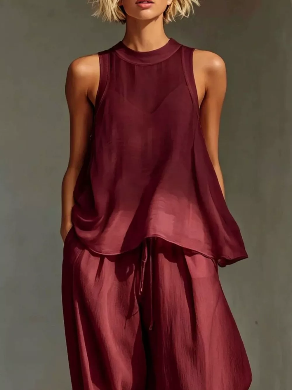 Full Size Sheer Sleeveless Top and Wide-Leg Pants Set Plus Size, image 7