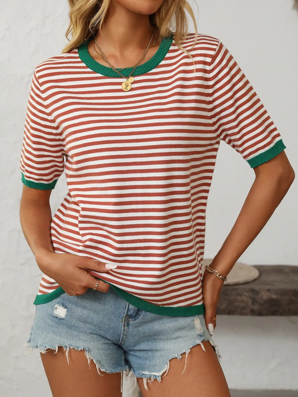 Striped Round Neck Half Sleeve Knit Top, image 13