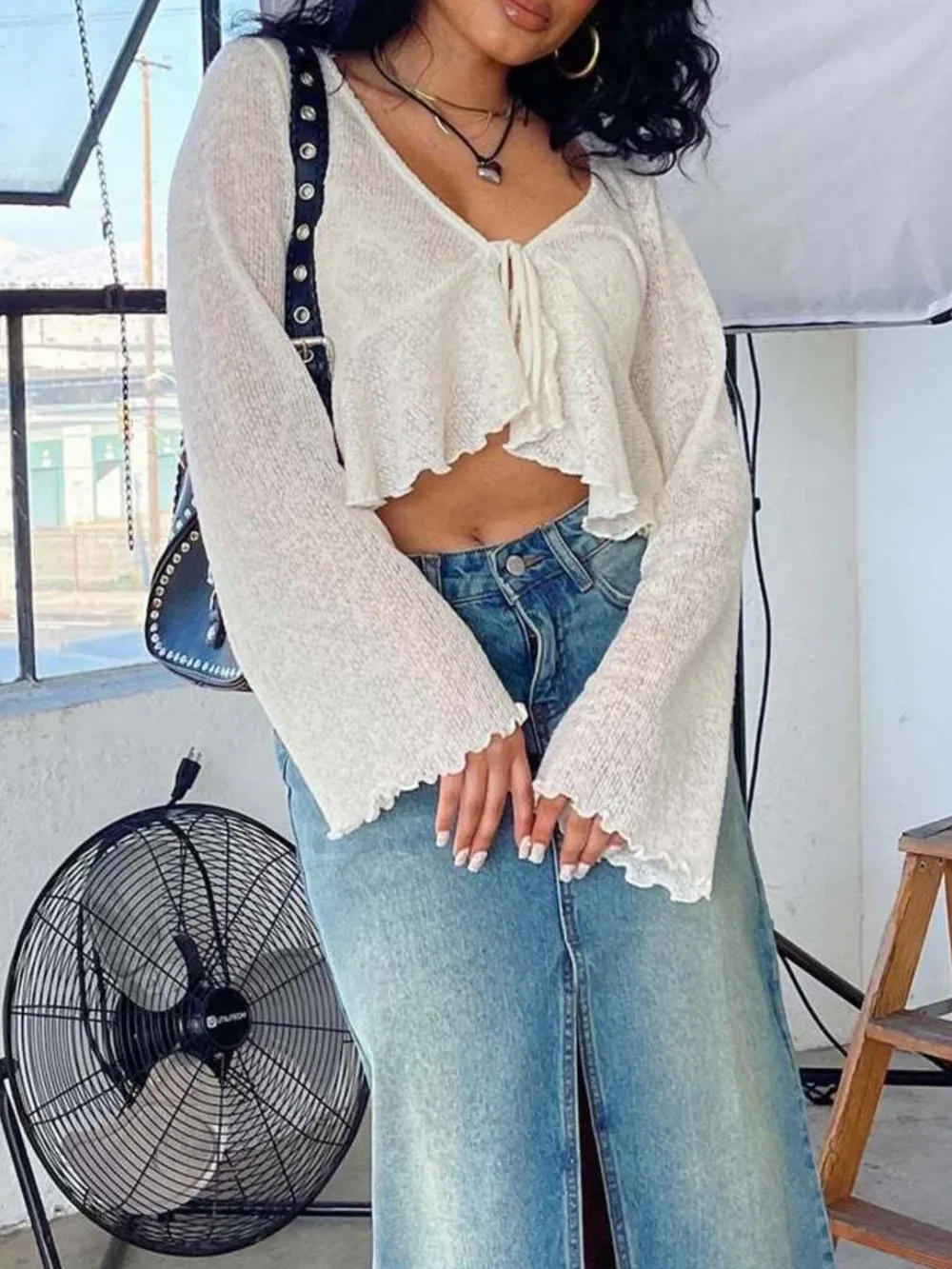 Ruffled Hem Tie-Front Cropped Cardigan, image 8