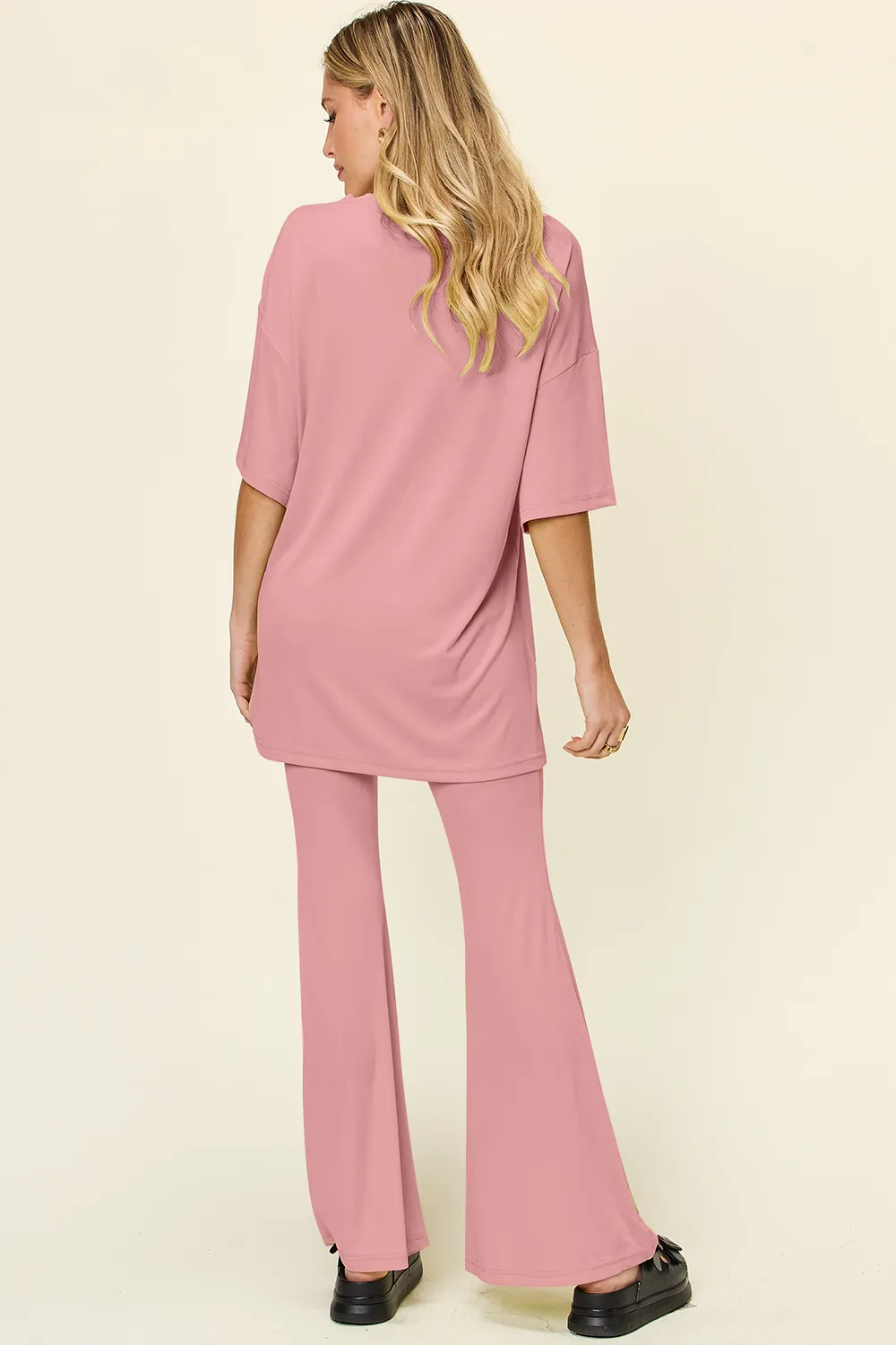 Full Size Round Neck Drop Shoulder T-Shirt and Flare Pants Set, image 12