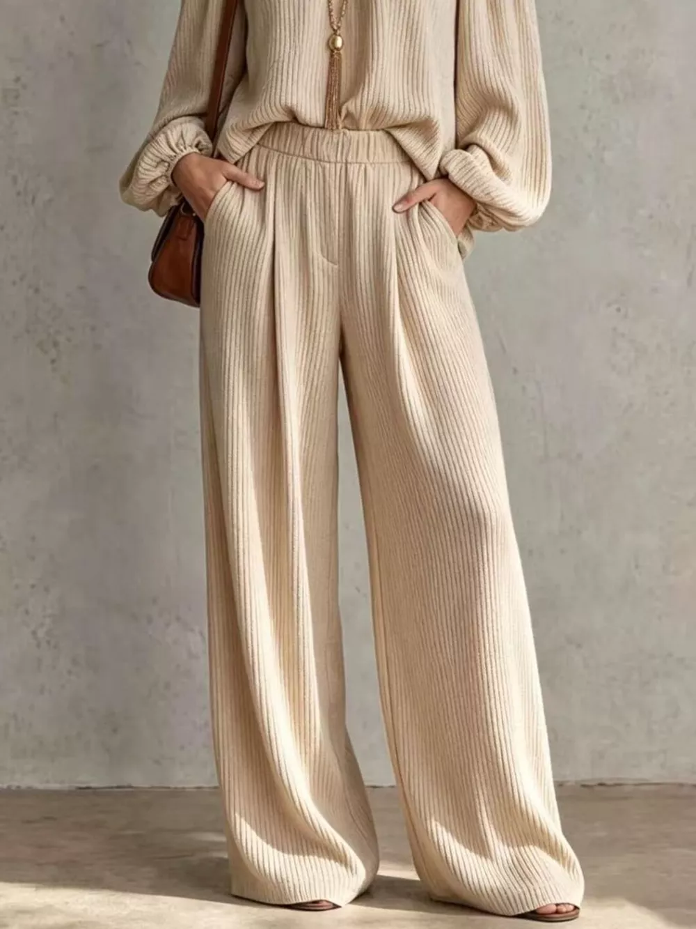 Off-Shoulder Crisscross Cutout Ribbed Knit Top and Wide-Leg Pants Set, image 3