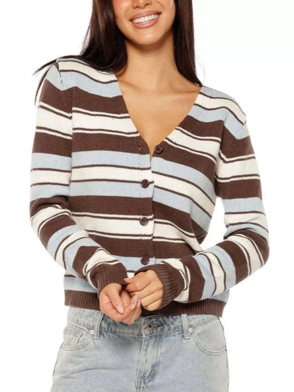Striped V-Neck Button-Down Cardigan
