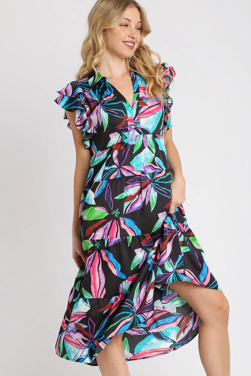 Full Size Leaf Print Double Layered Ruffle Sleeve Tiered Midi Dress Plus Size, image 3
