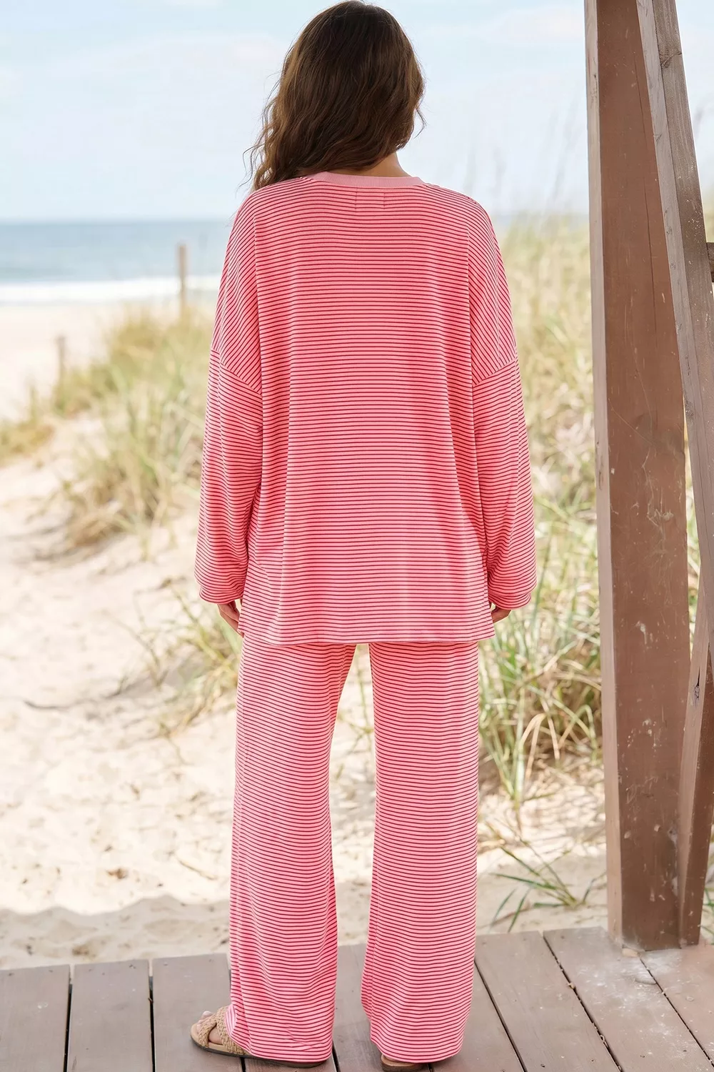 Striped Drop Shoulder Long Sleeve Top and Pants Set, image 2
