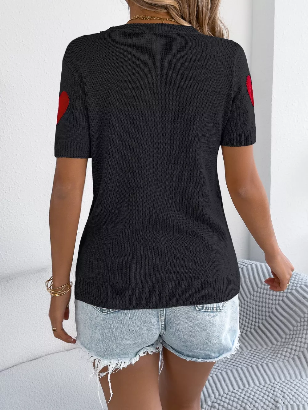 Heart Pattern Short Sleeve Knit Top, image 7