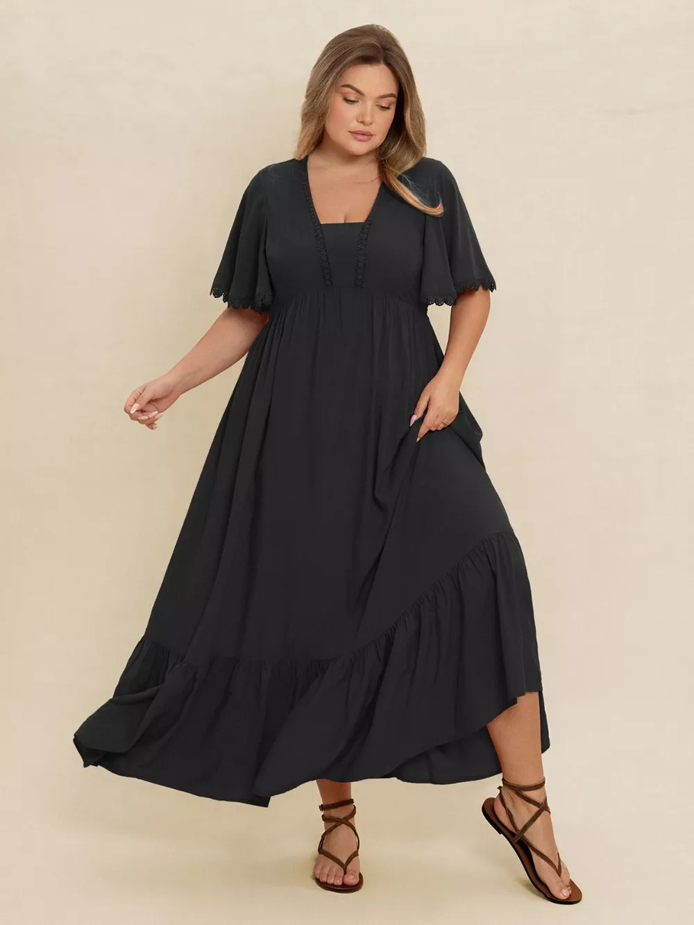 Plus Size Boho Ruffled Maxi Dress with Flutter Sleeves, image 7