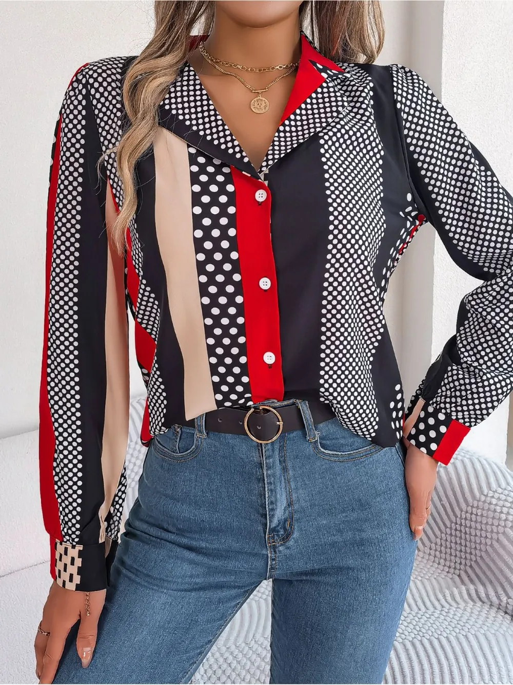 Polka Dot Contrast Long Sleeve Shirt, image 8