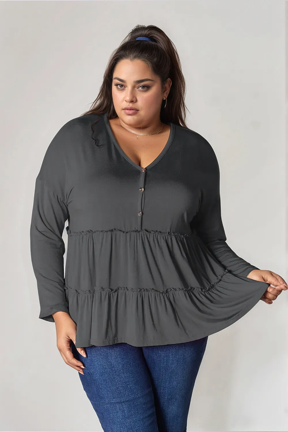 Half Button Long Sleeve Ruffle Hem Blouse, image 36