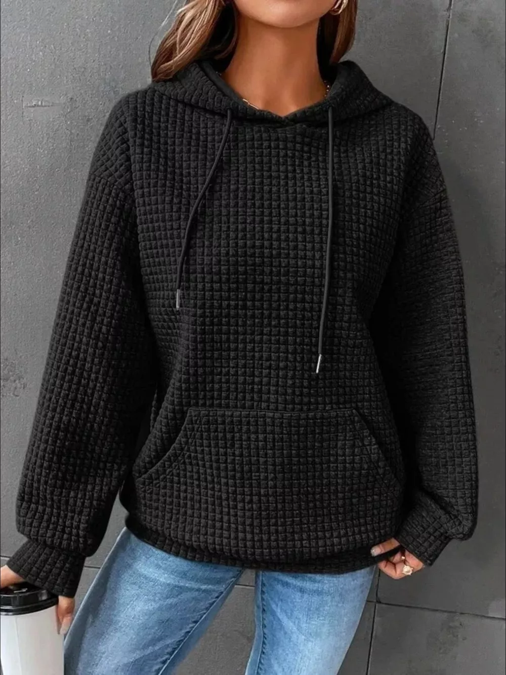 Waffle Knit Hoodie with Drawstring Details, image 8