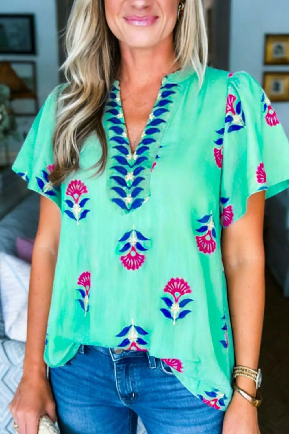 Floral V Neck Flutter Sleeve Blouse, image 4