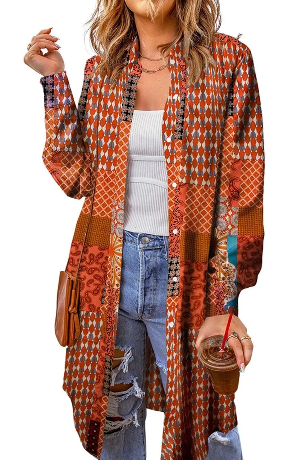 Printed Button Up Long Sleeve Cardigan, image 12