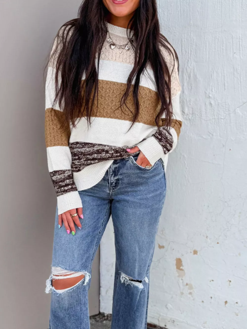 Mixed Texture Knit Striped Color Block Loose Sweater, image 3