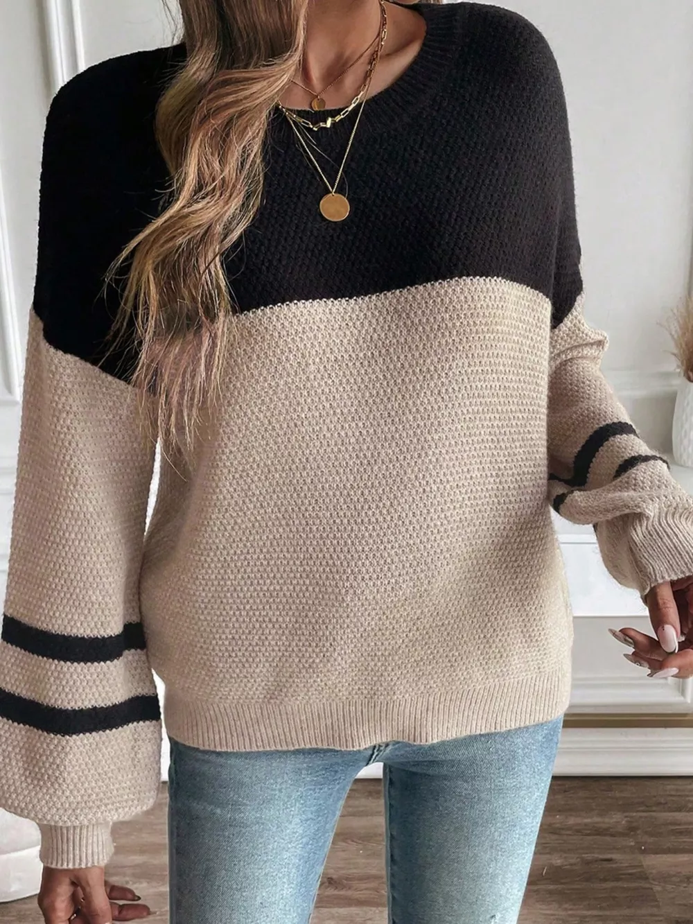 Color Block Knit Striped Sleeve Detail Casual Sweater, image 5