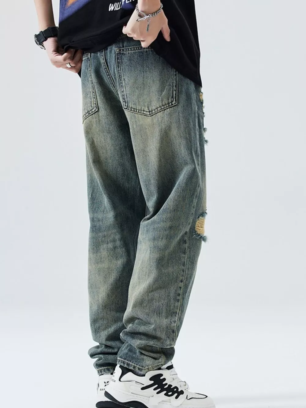 Men's Distressed Wide Leg Relaxed Fit Jeans, image 6
