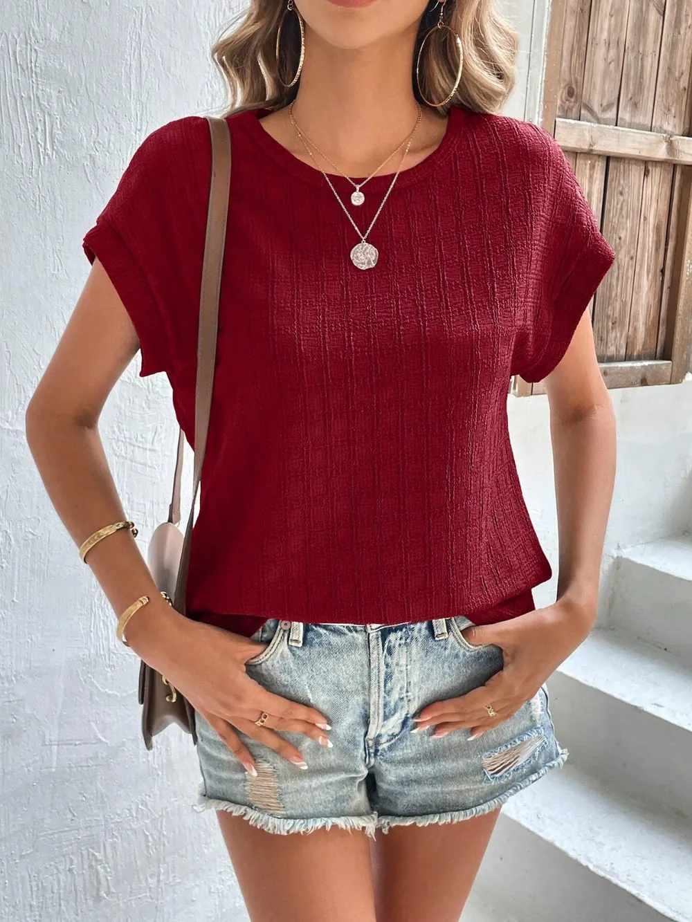 Textured Round Neck Short Sleeve Top, image 13