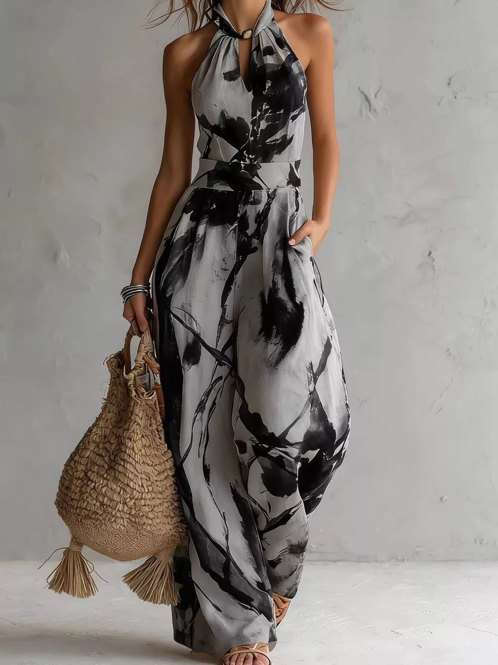 Ink Wash Print Halter Neck Wide-Leg Jumpsuit, image 7