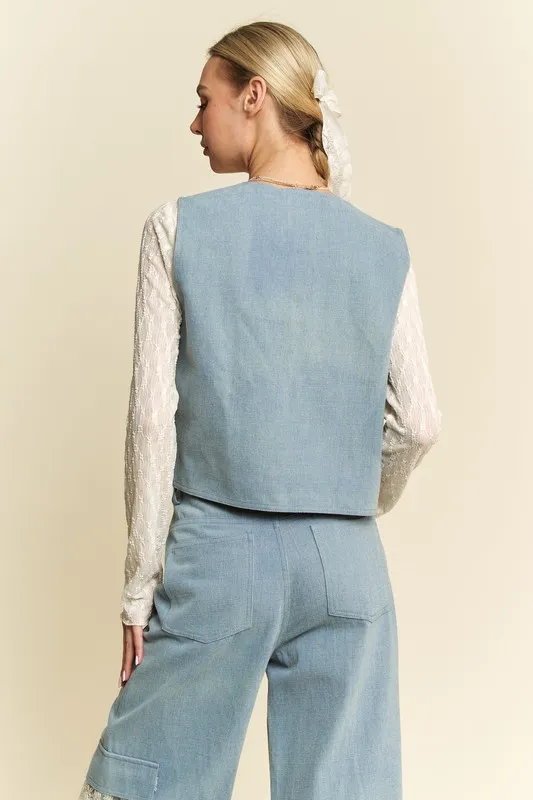 Lace Patch Open Front Denim Vest, image 4
