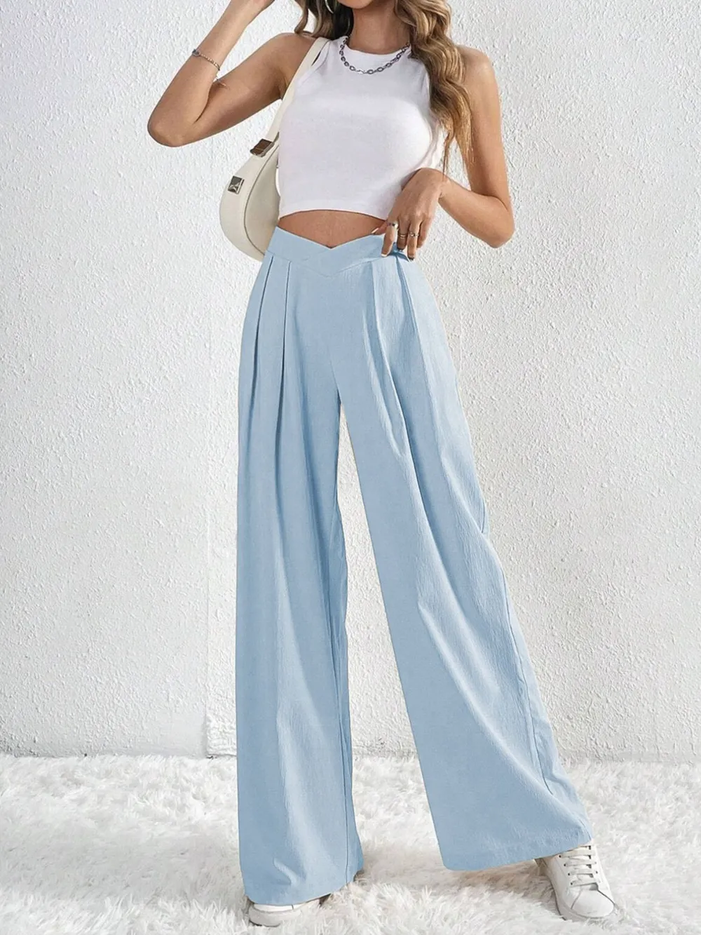 V-Waisted Ruched Front Wide Leg Pants, image 21