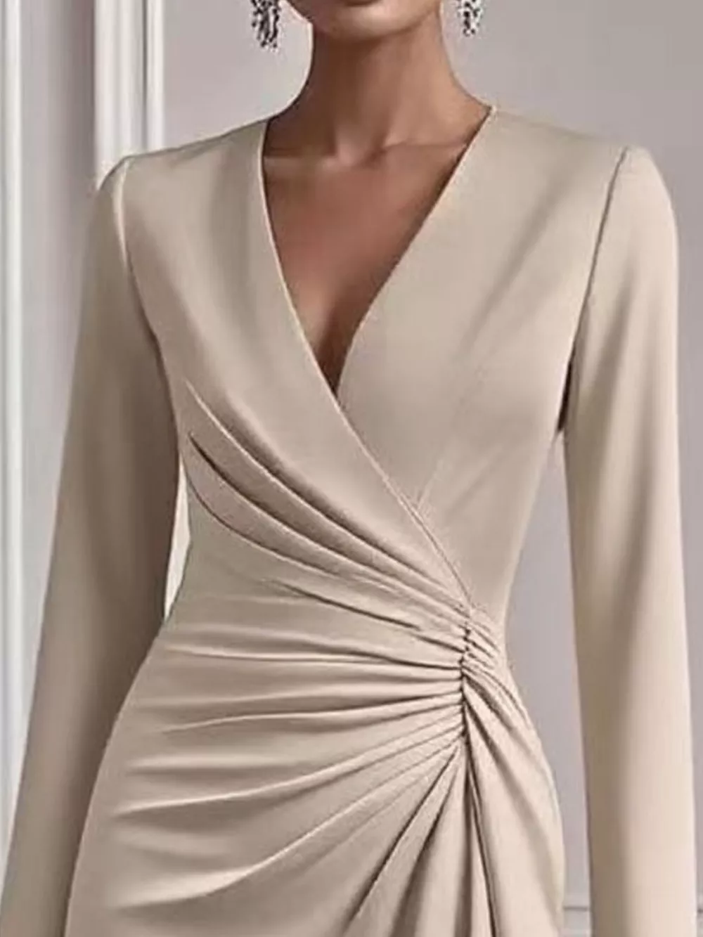 Front Ruched V-Neck Long Sleeve Dress, image 6