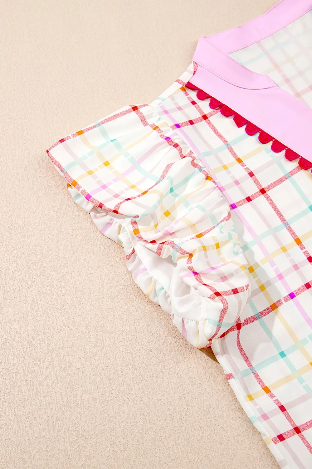 Plaid Flutter Sleeve Ric Rac Split V Neck Blouse, image 6