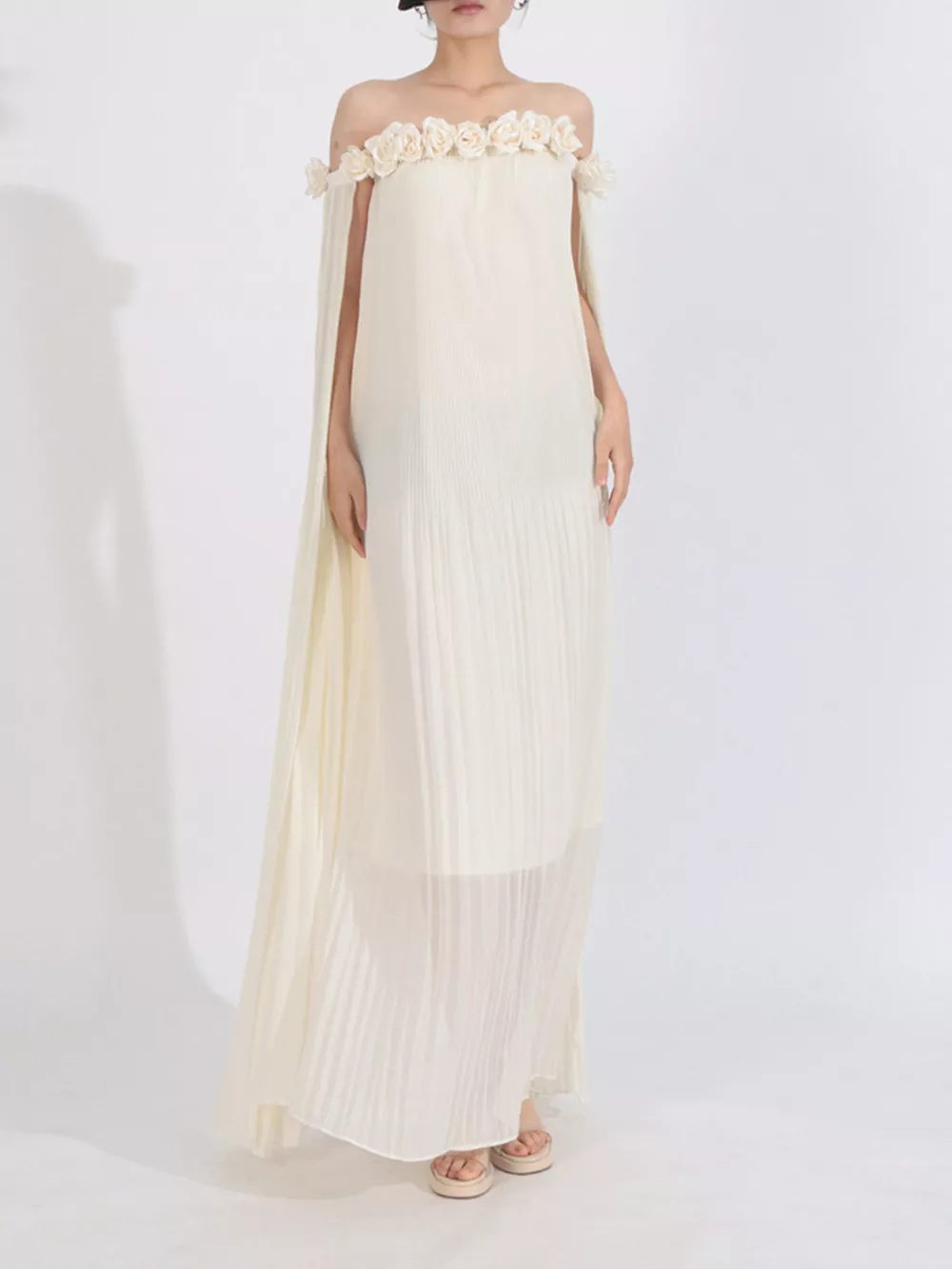 Off-Shoulder Floral Pleated Maxi Dress