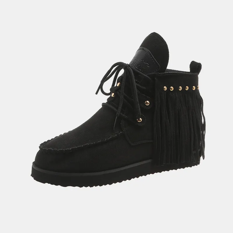 Fringe Studded Round Toe Canvas Boots, image 9