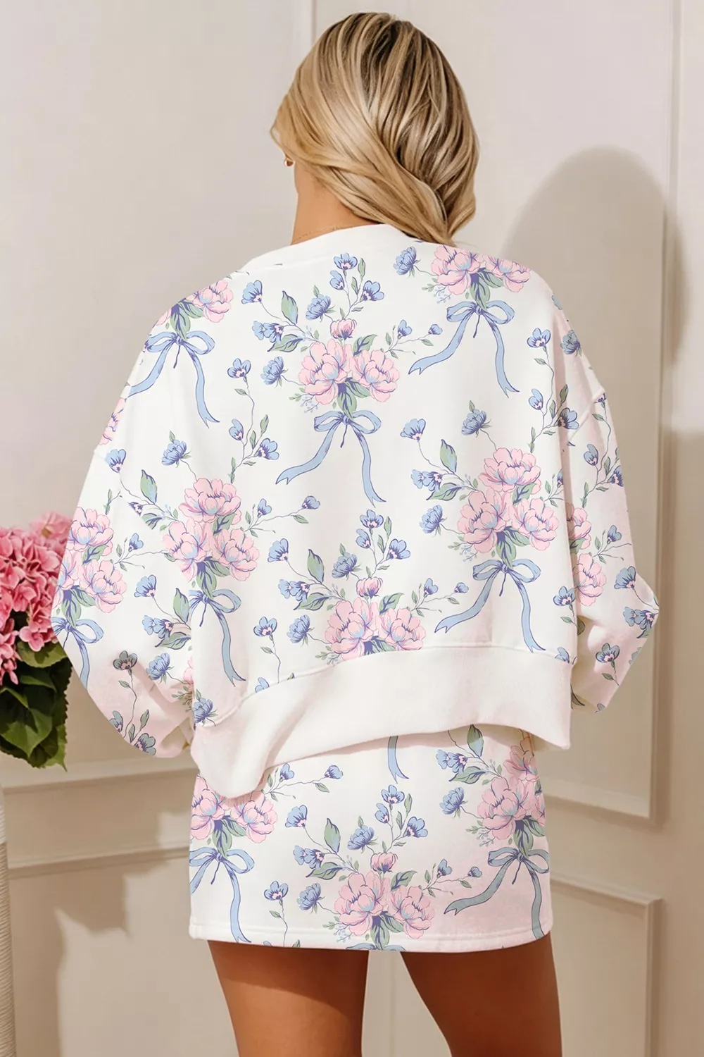 Floral Print Long Sleeve Top Elastic Waist Skort Two Piece Set, image 3