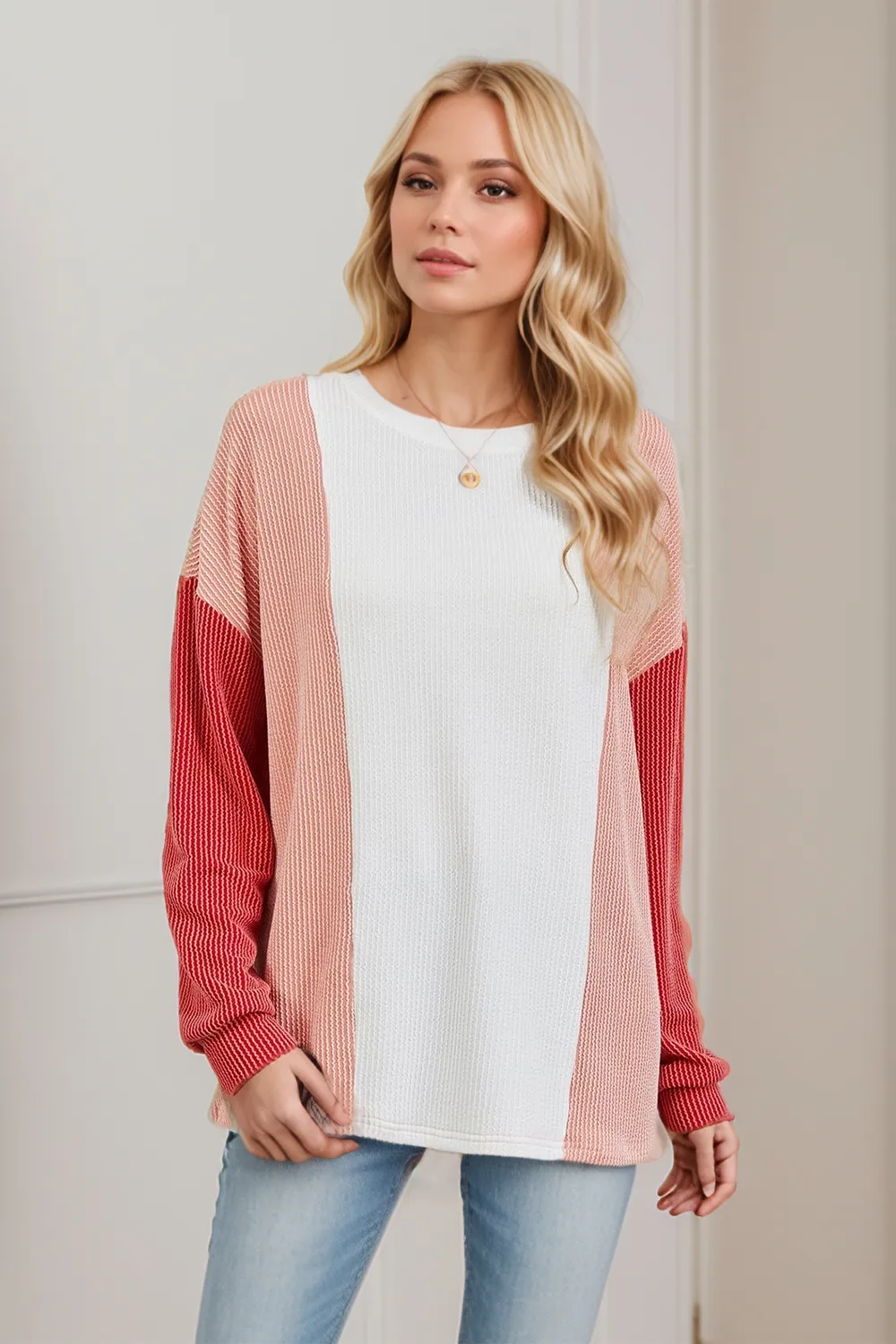 Texture Contrast Round Neck Long Sleeve T-Shirt, image 2