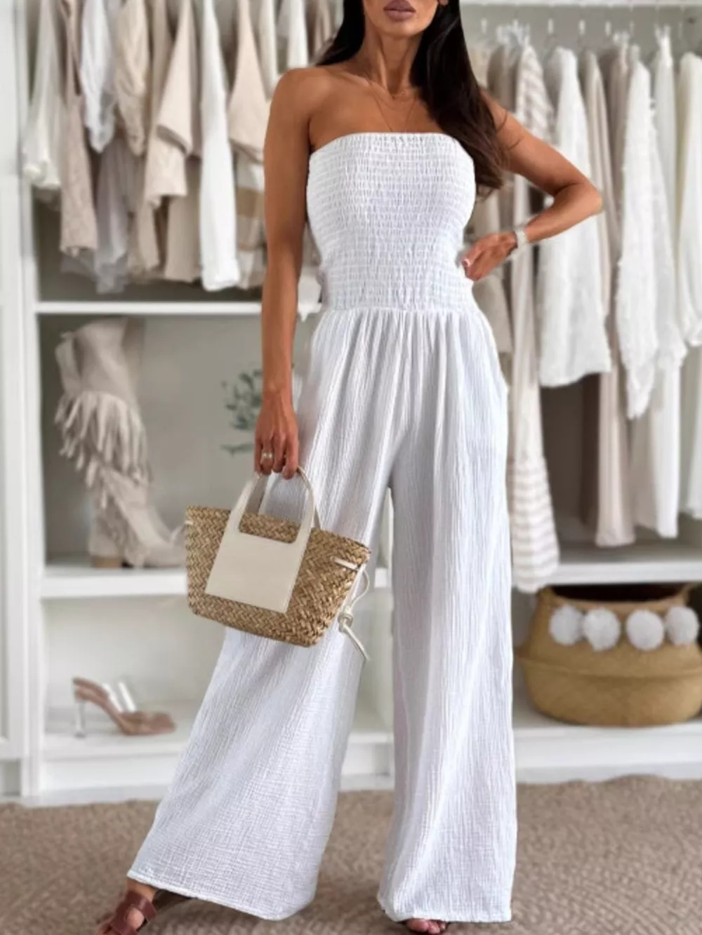 Smocked Tube Wide-Leg Jumpsuit, image 5