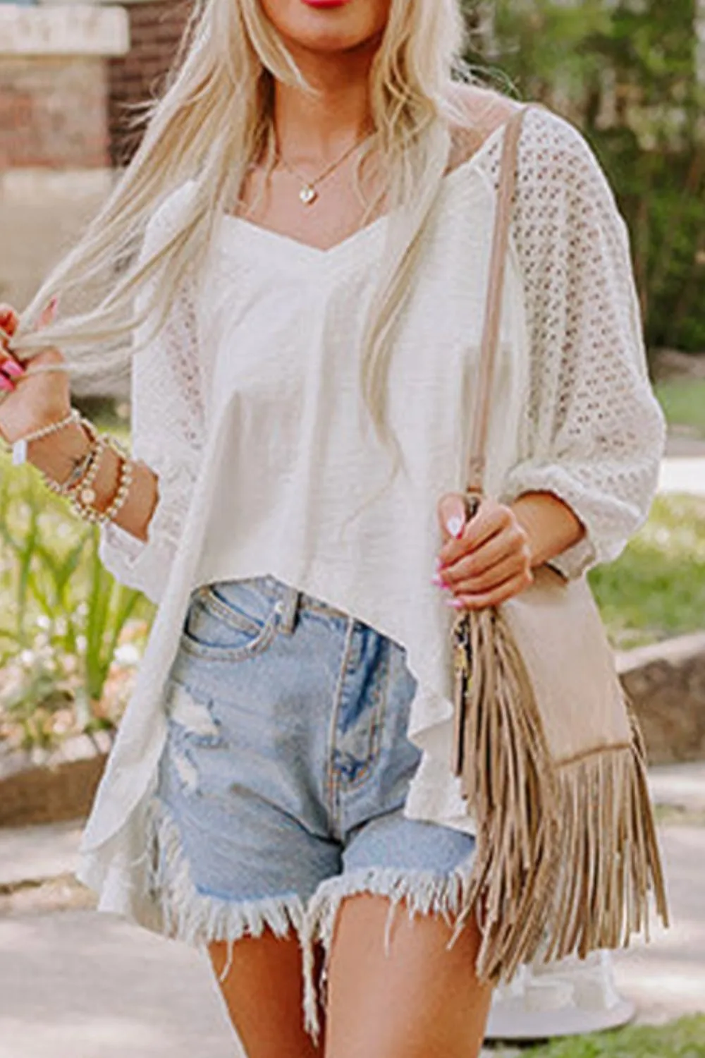 Openwork High Low Hem V Neck Oversized Top, image 9