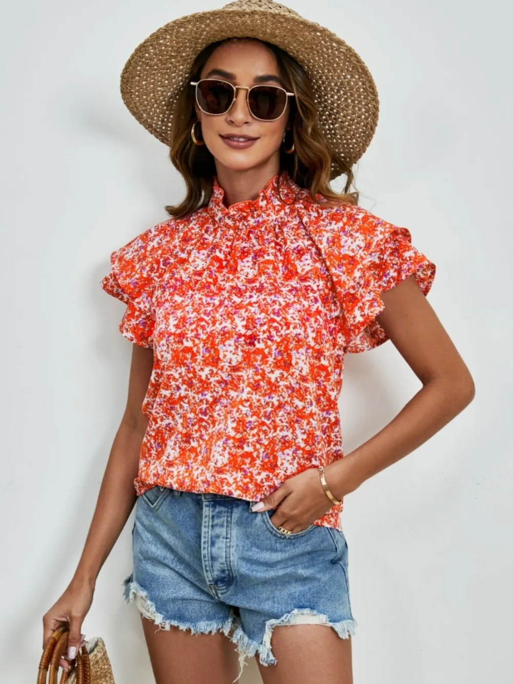 Ditsy Floral Mock Neck Flounce Sleeve Blouse, image 11