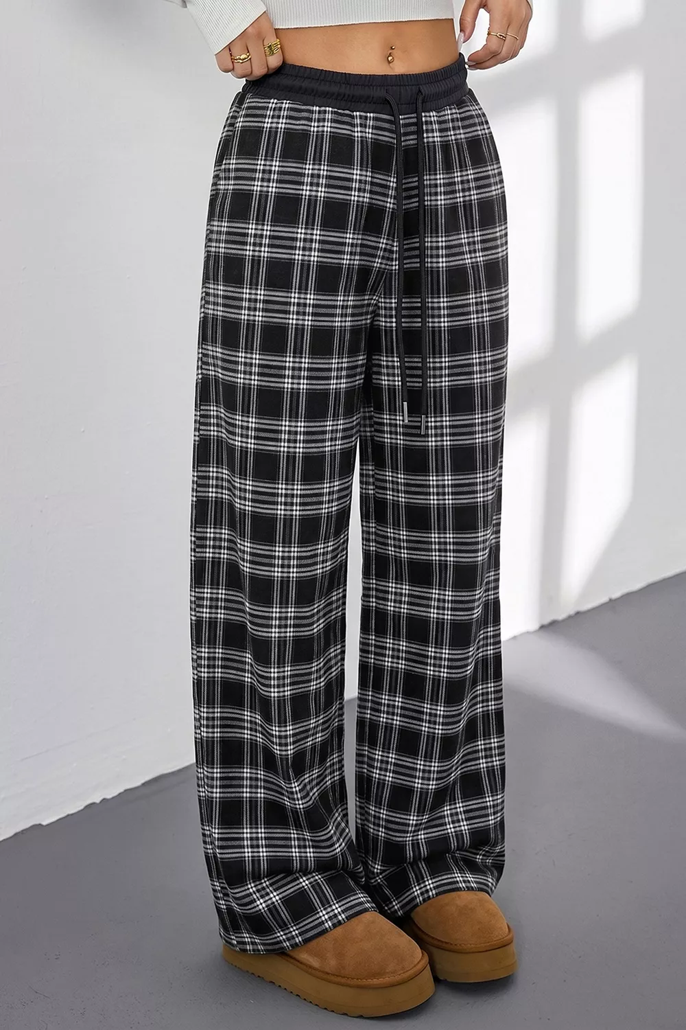 Plaid Wide-Leg Drawstring Pants, image 6