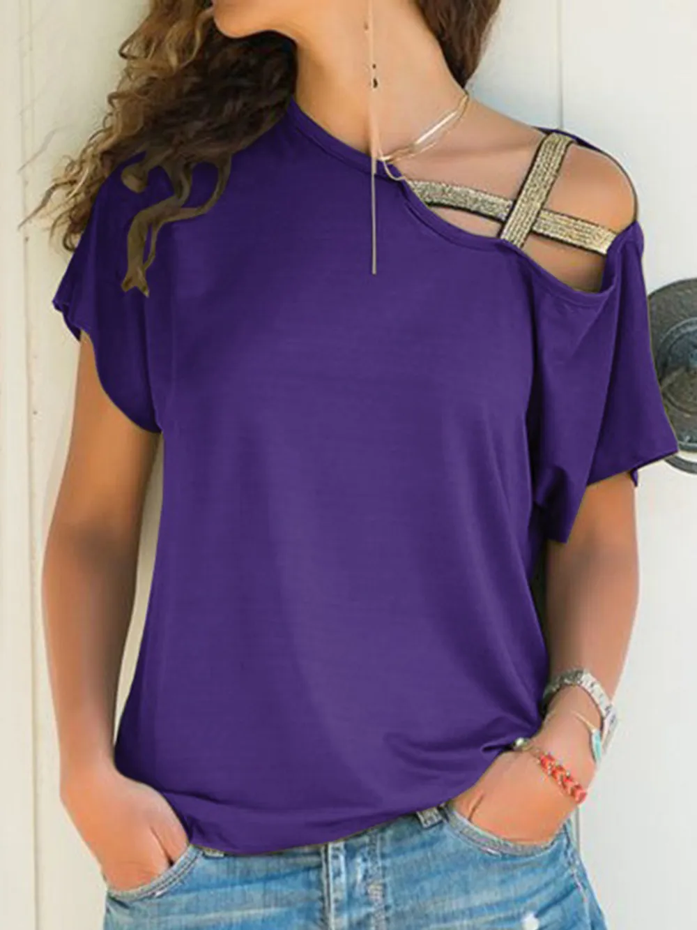 Asymmetrical Neck Short Sleeve T-Shirt, image 8