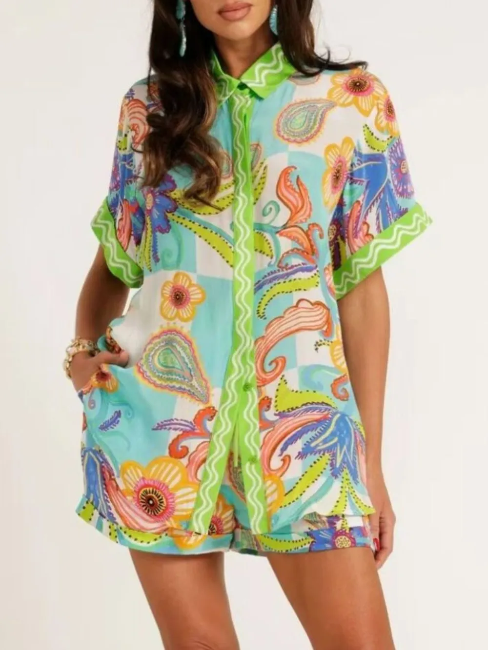 Printed Button Up Shirt and Shorts Set, image 10