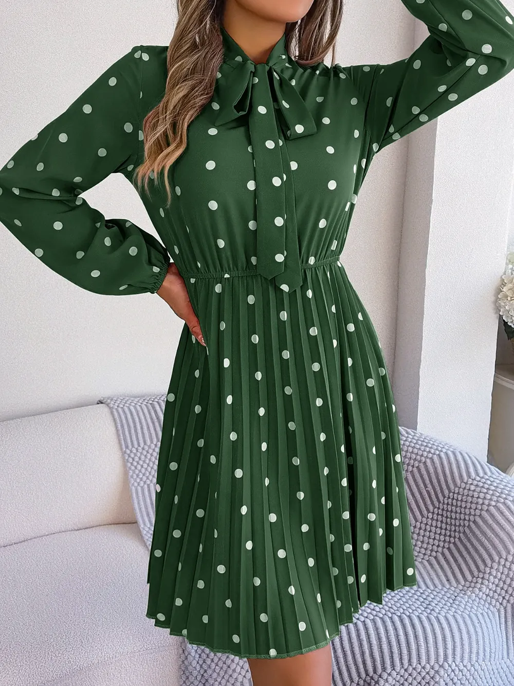 Polka Dot Tie Neck Pleated Dress, image 23