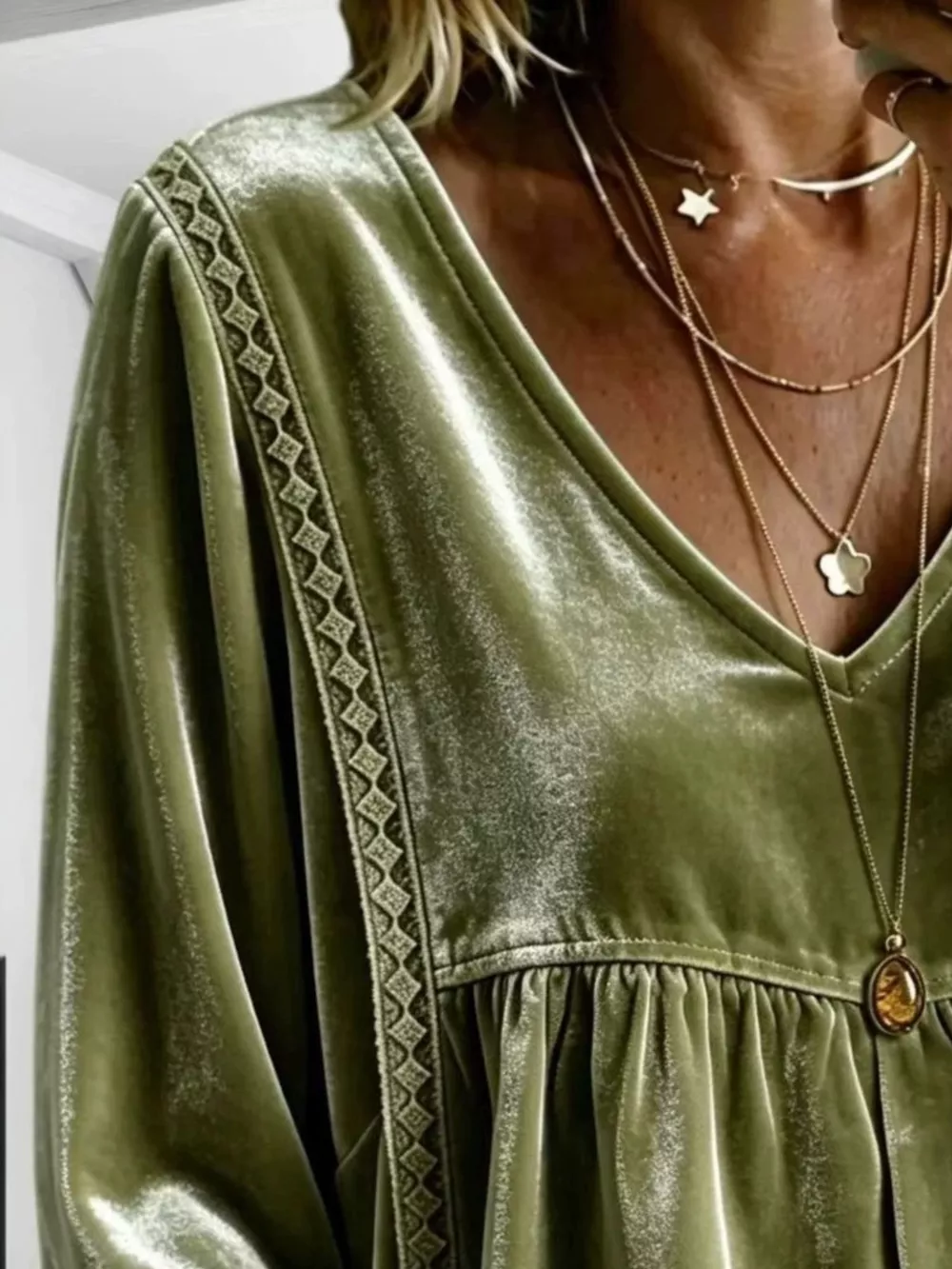 Full Size Velvet Lace Detail V-Neck Blouse Plus Size, image 14