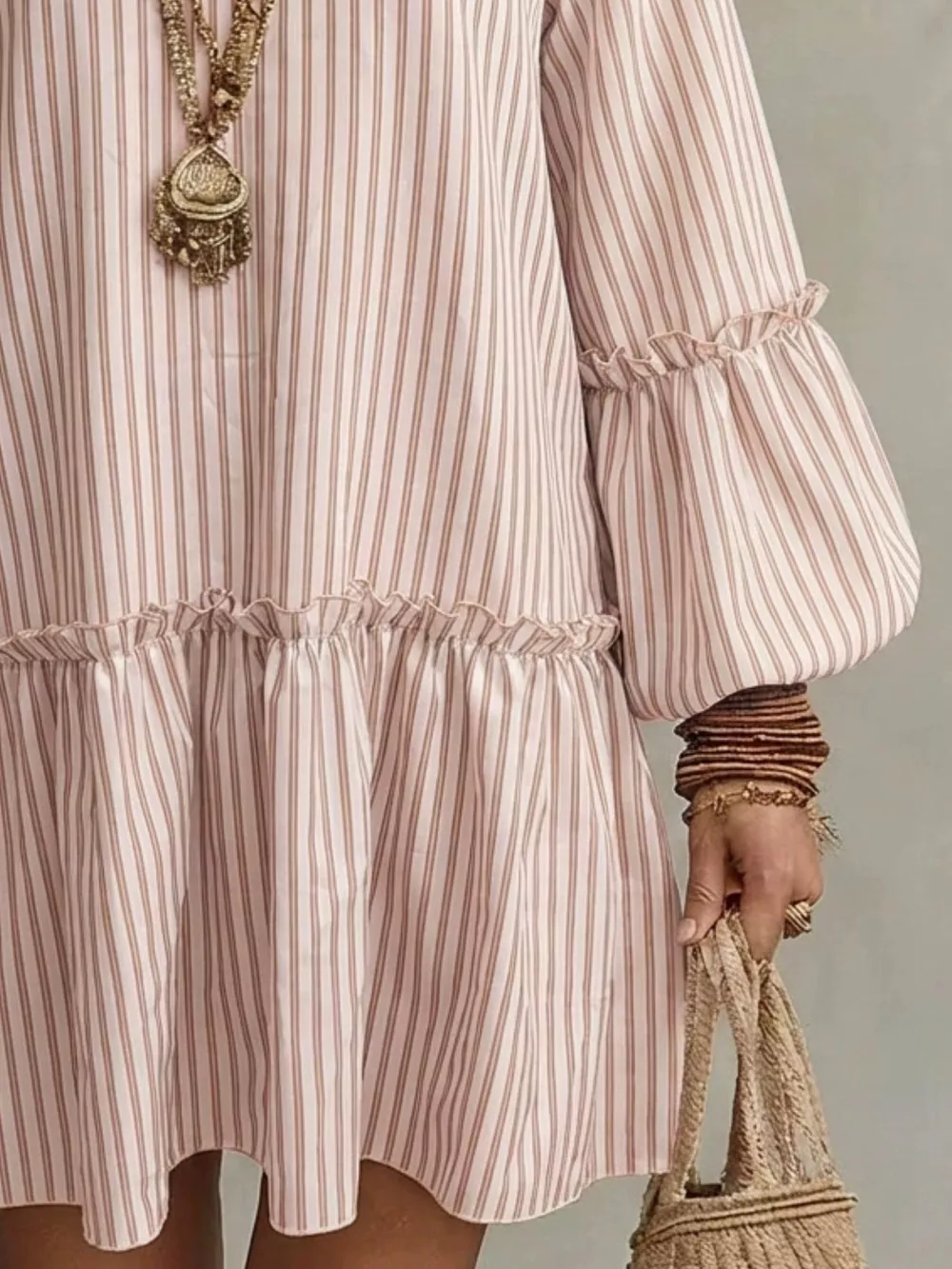 Full Size Striped Balloon Sleeve Mini Dress Plus Size, image 2