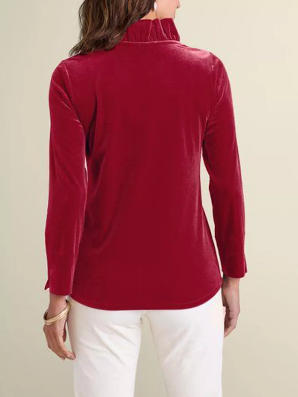 Velvet Long Sleeve Blouse with Ruffled V-Neck, image 10