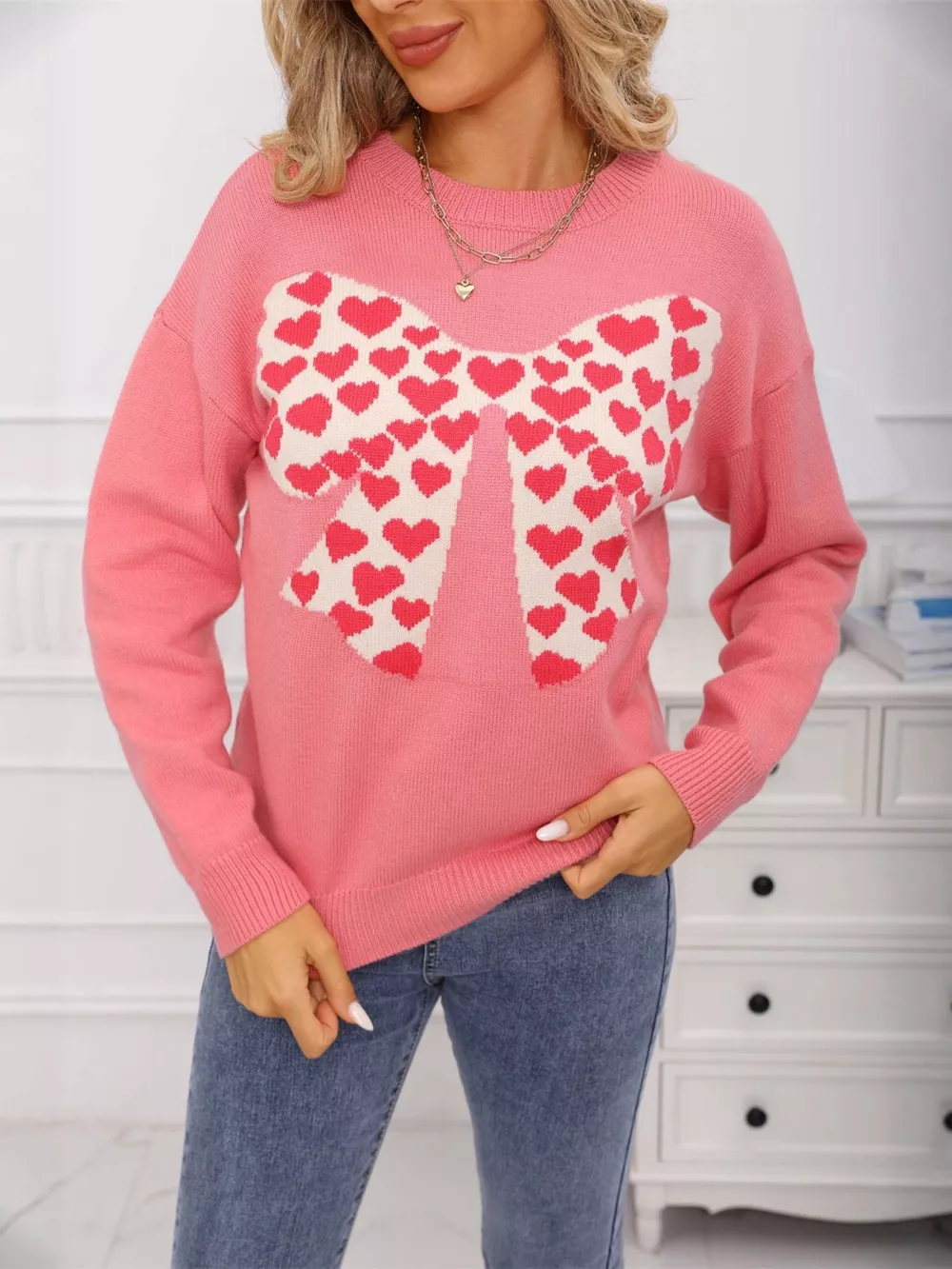 Valentine's Day Heart Bow Round Neck Sweater, image 10