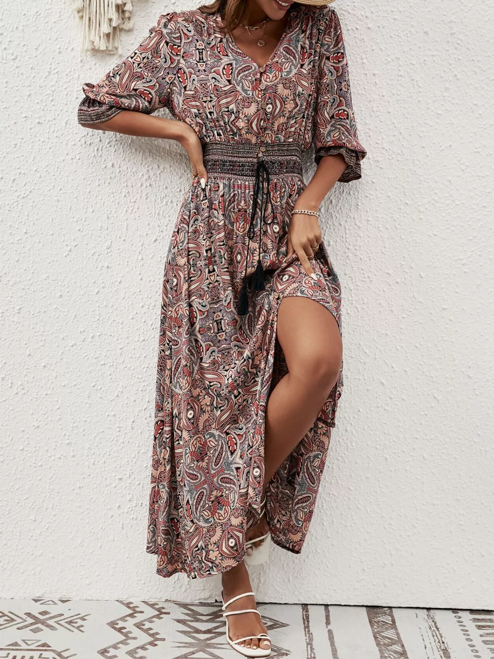 Paisley Print Half Sleeve Slit Midi Dress, image 8