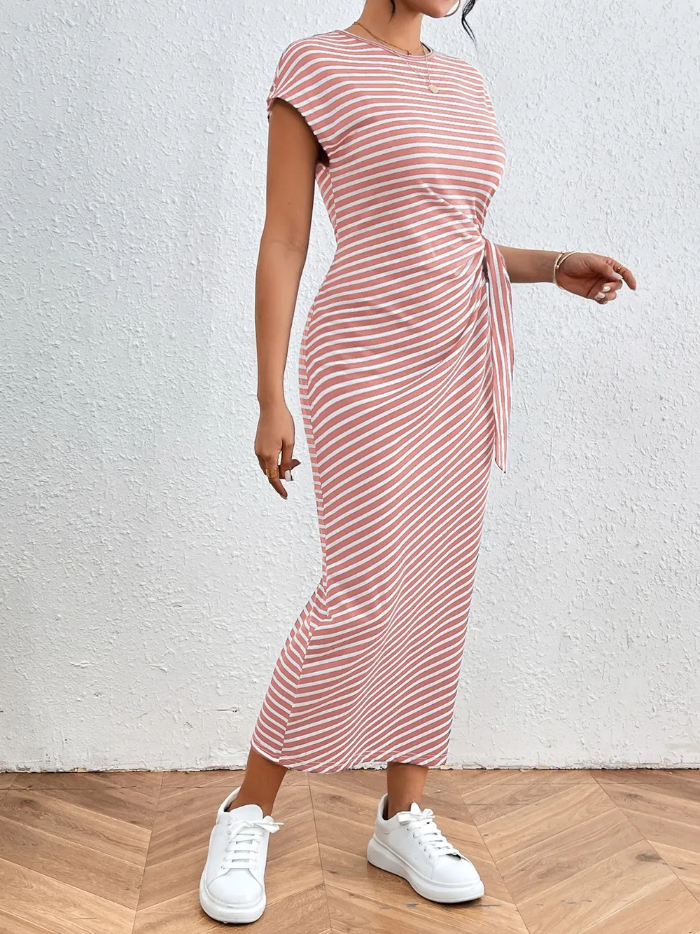 Tied Striped Round Neck Short Sleeve Tee Dress, image 11