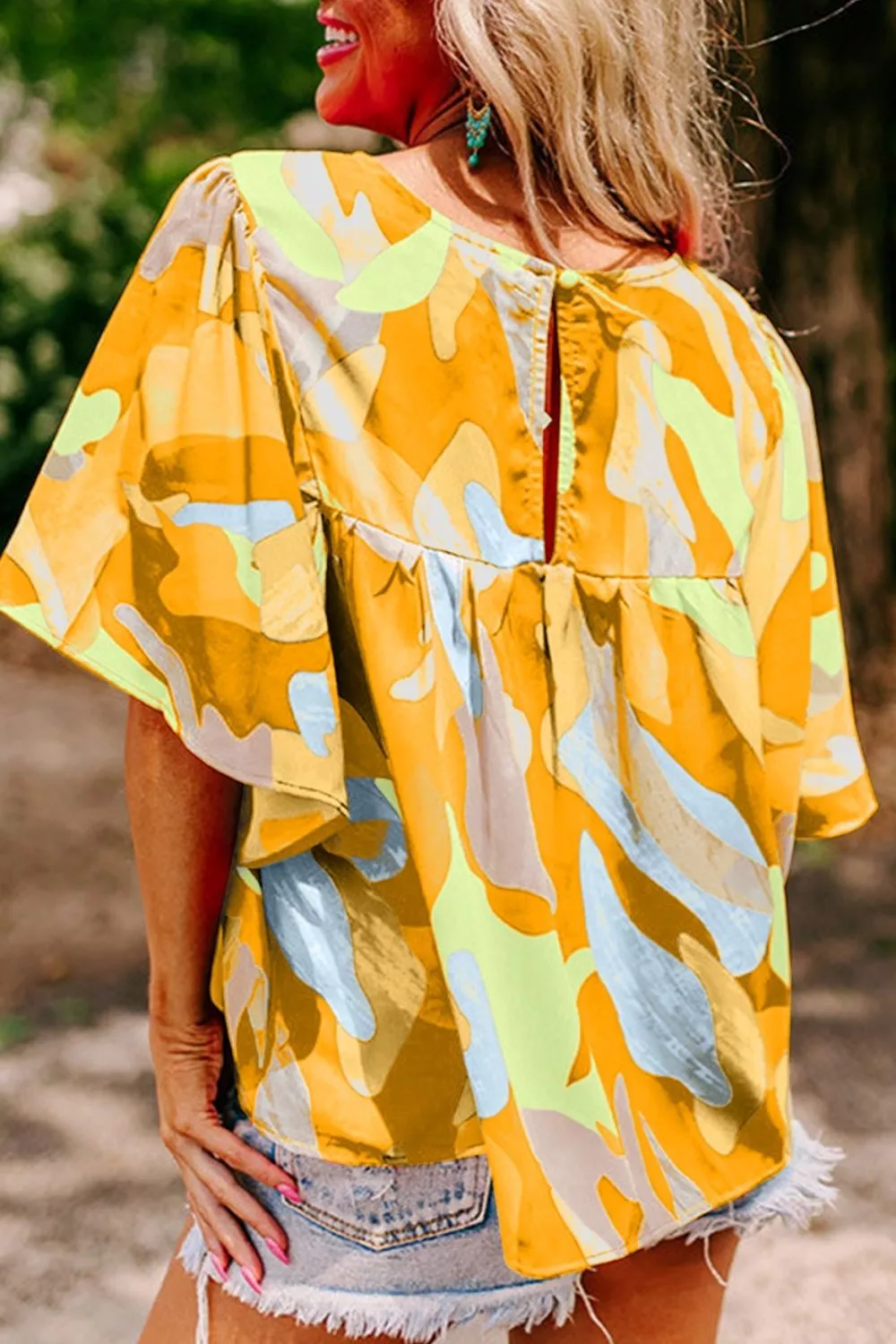 Multicolour Abstract Pattern Wide Sleeve Crew Neck Blouse, image 2