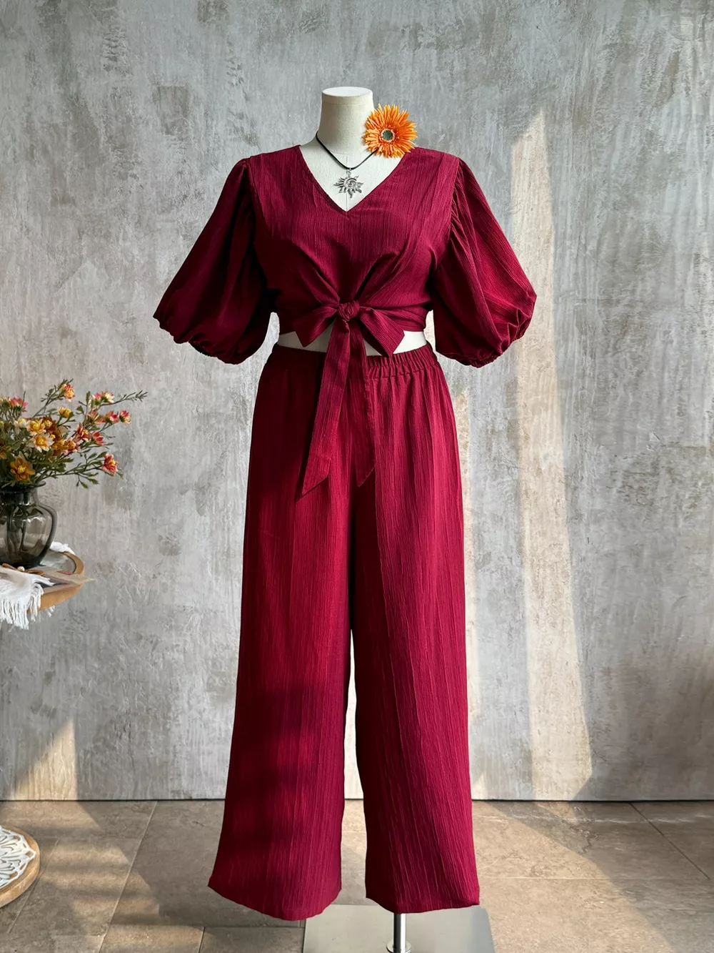 Plus Size Tie-Front Puff Sleeve Top and Wide-Leg Pants Set, image 2