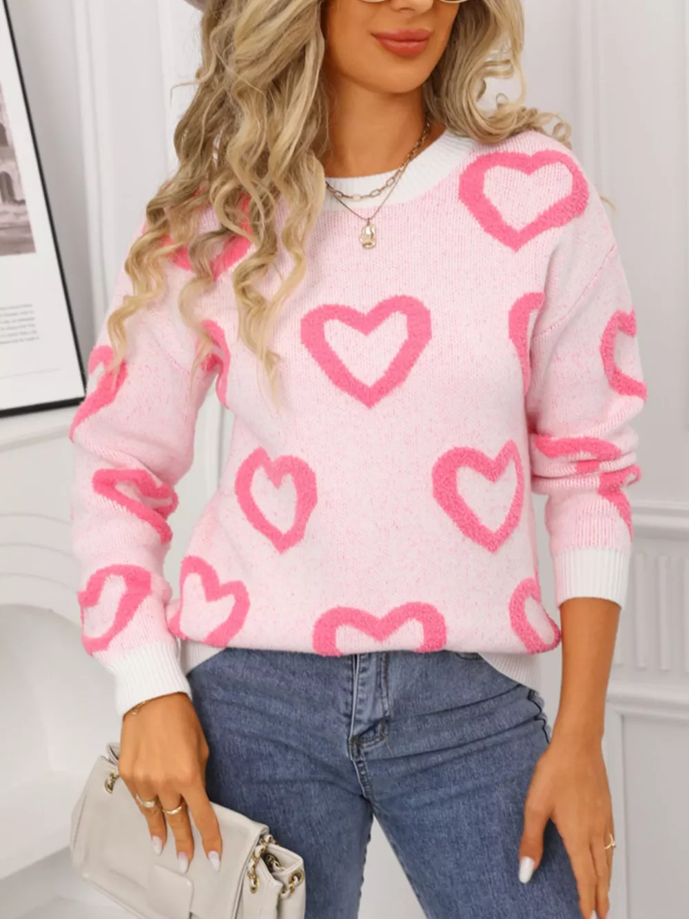 Valentine's Day Heart Pattern Round Neck Sweater, image 2