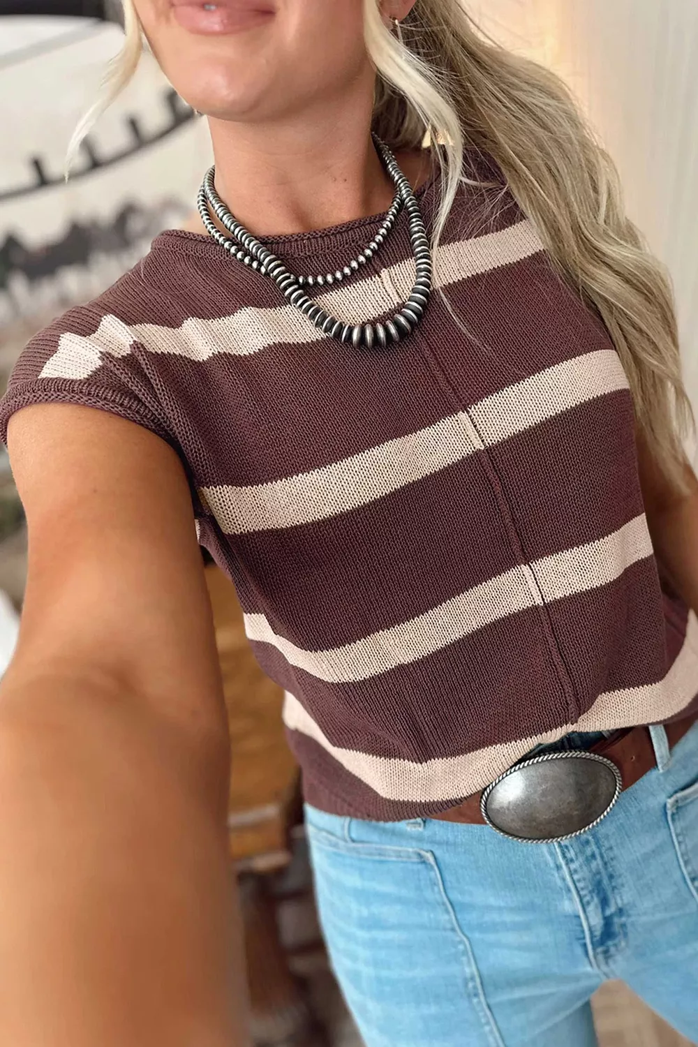 Stripe Knit Western Short Sleeve Sweater, image 9