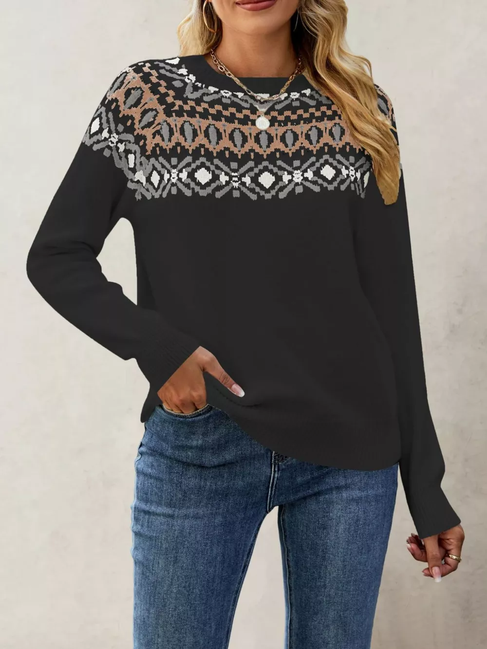 Fair Isle Pattern Crew Neck Sweater, image 2